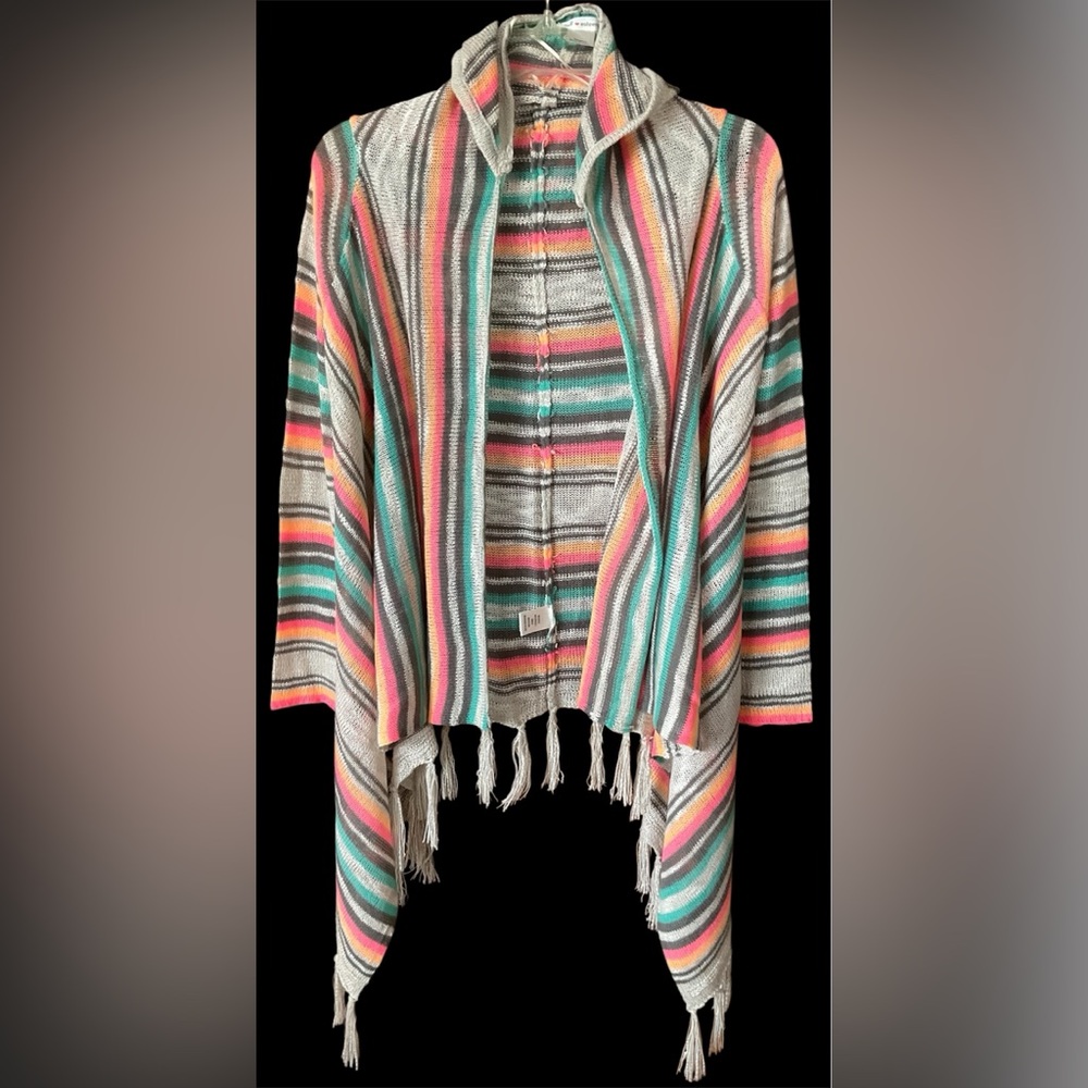 Self Esteem Sweater/Fringe/Hood Womens  Striped/Colors-L Sleeve OPEN WEAVE KNIT